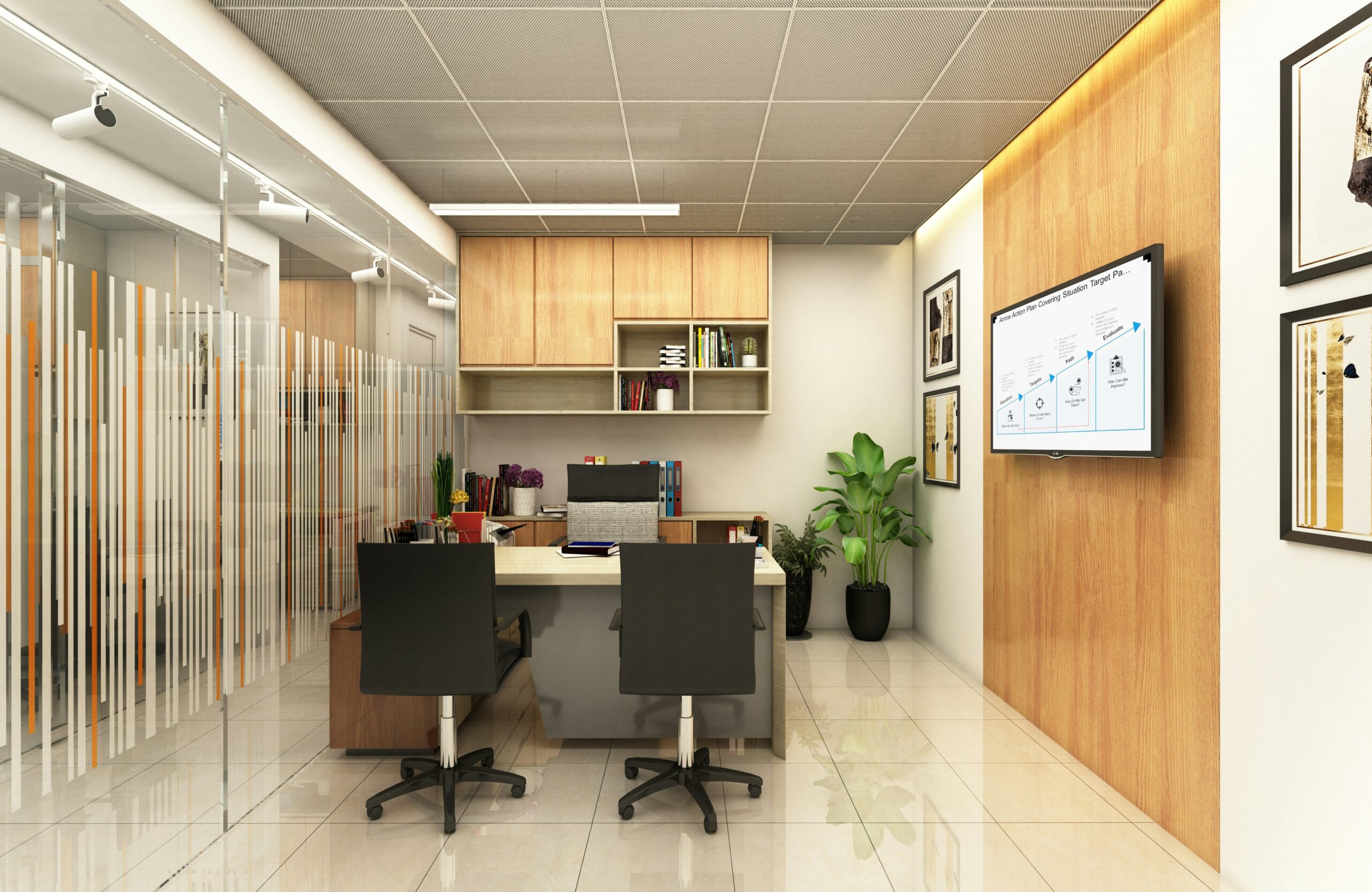 Modern office space for lease near me featuring a professional desk setup, ergonomic chairs, shelving, plants, and a wall-mounted display for small business productivity.