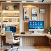 Modern home office setup with wooden desk, built-in shelves, desktop computer, ergonomic chair, indoor plants, and large window with natural light