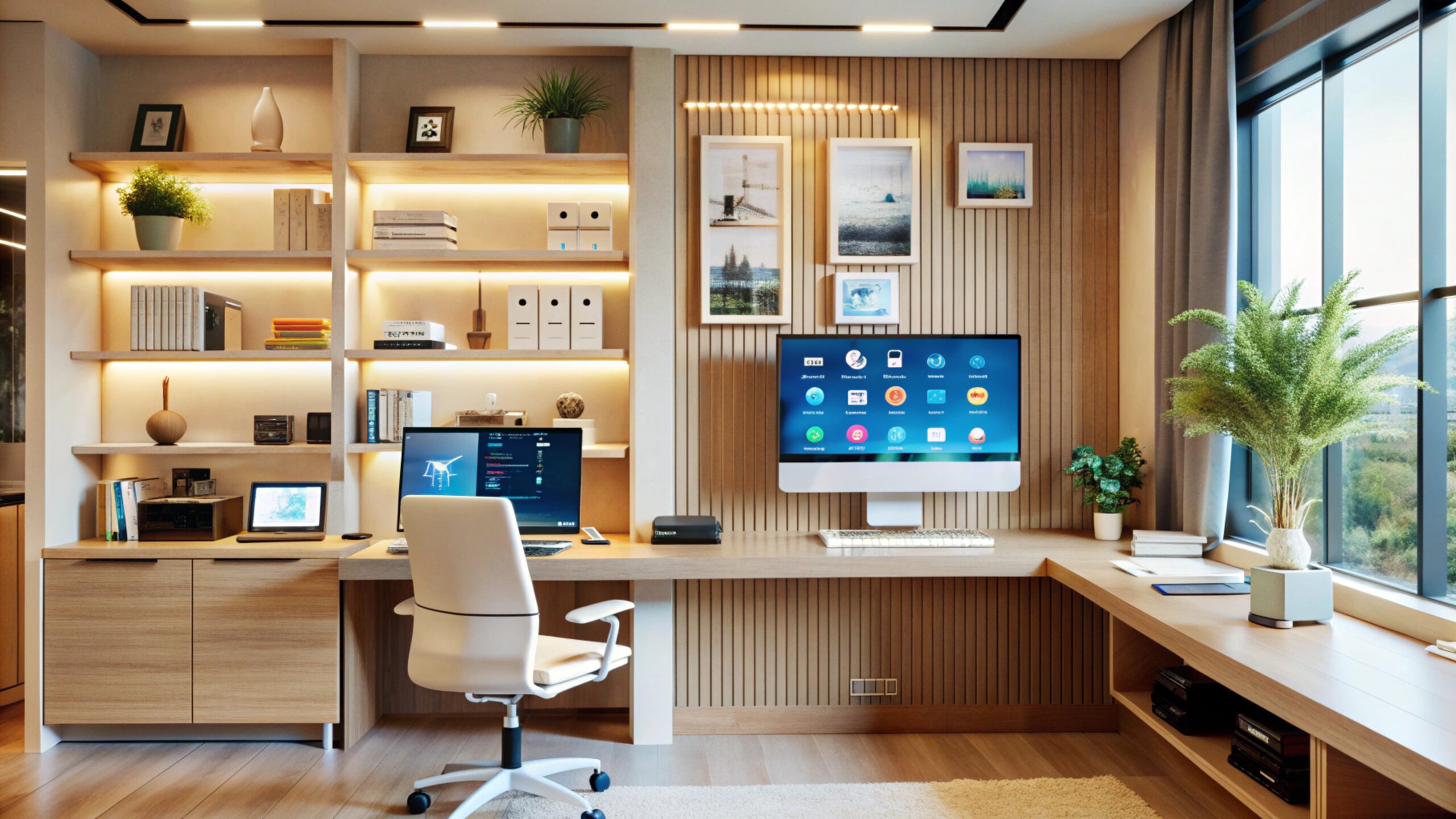 Modern home office setup with wooden desk, built-in shelves, desktop computer, ergonomic chair, indoor plants, and large window with natural light